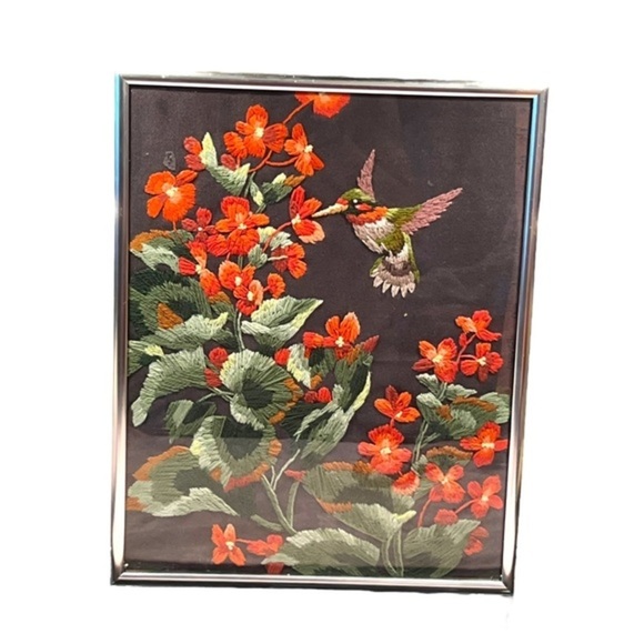 Vtg Completed Framed Embroidered Les Didier Ruby Throated Hummingbird & Begonias - Picture 8 of 8
